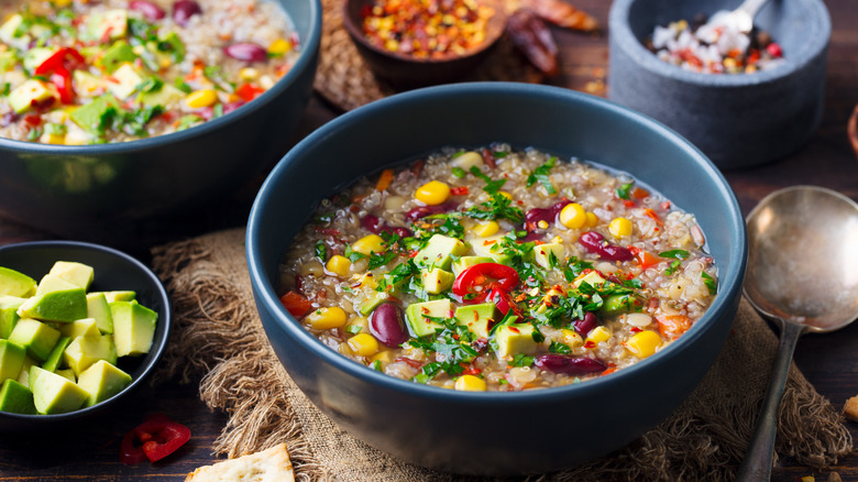 vegetable quinoa soup with avocado and beans