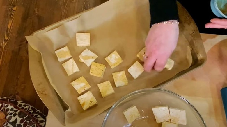 Tofu on a baking sheet