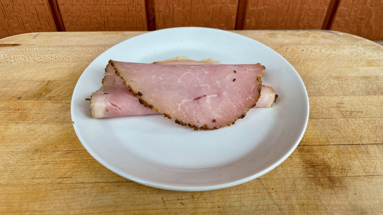 Ham slice folded on plate