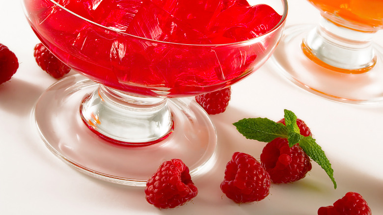 Raspberry jello bowl with fresh raspberries