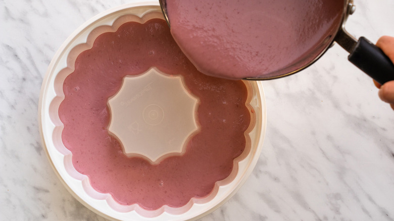 sauce pan full of blancmange mixture poured into mold