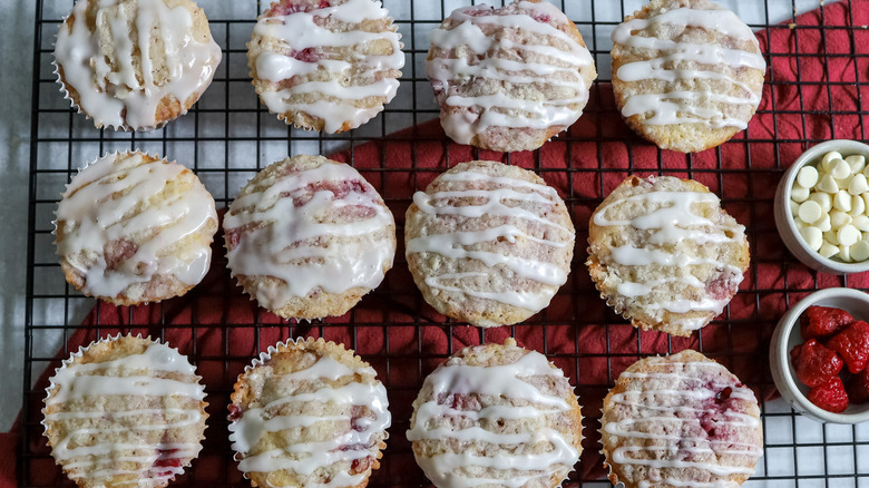 glazed raspberry muffins on rack