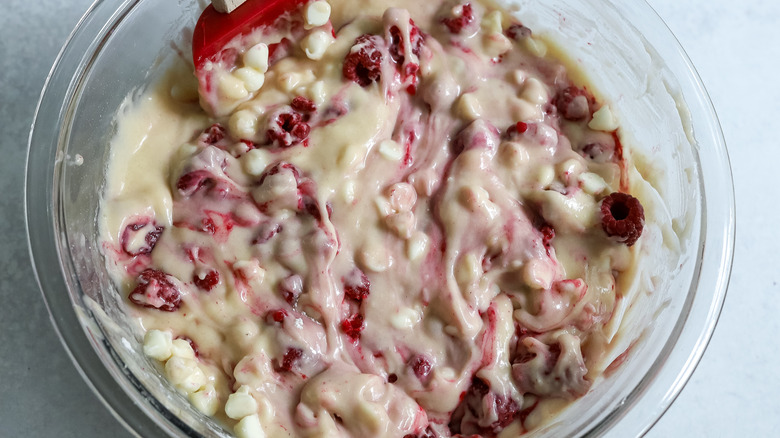 raspberry muffin batter in bowl