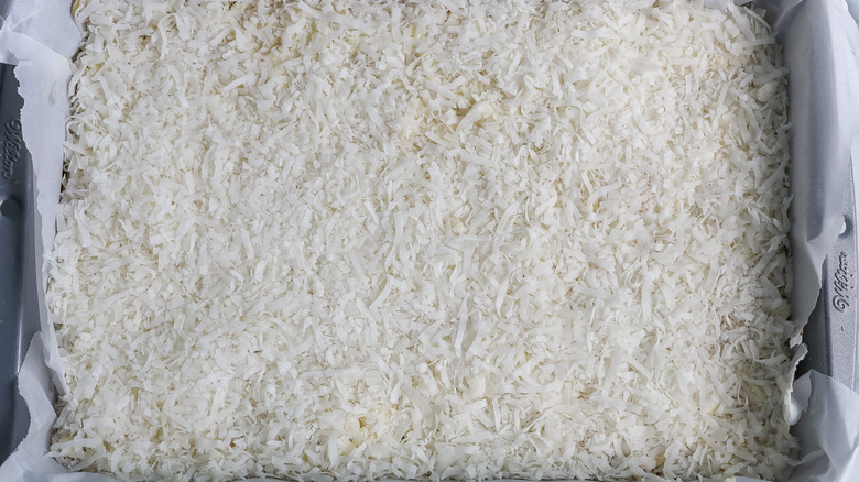 coconut layer in a baking pan