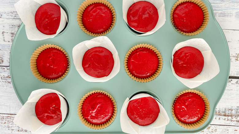 red velvet cupcakes in pan