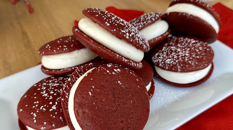 Red velvet whoopie pies on platter