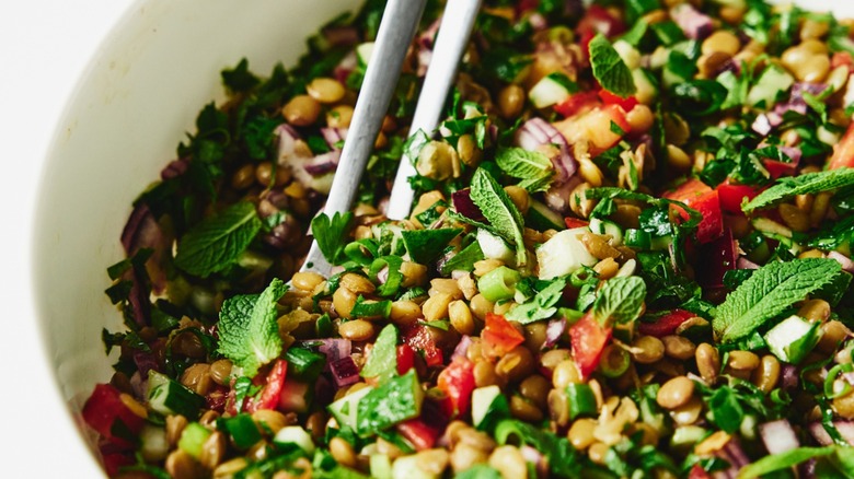 Close-up of fresh salad with green lentils