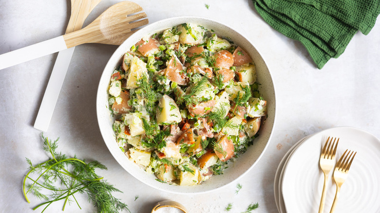 potato salad in white bowl