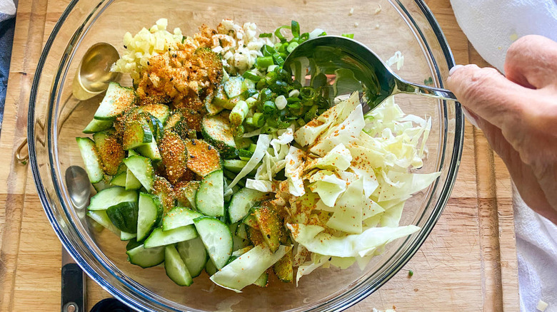 kimchi salad ingredients in bowl