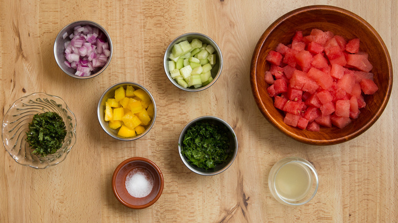 watermelon salsa ingredients on table