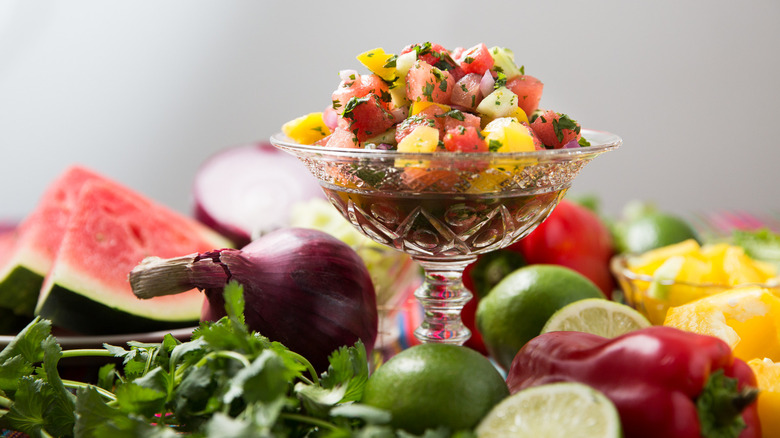 watermelon salsa surrounded by produce