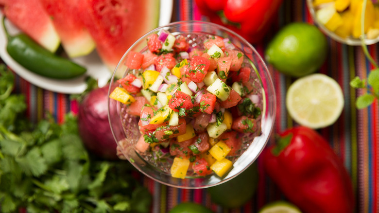 watermelon salsa on colorful tablecloth