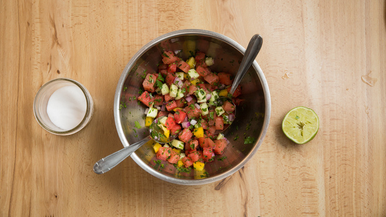 watermelon salsa in metal bowl