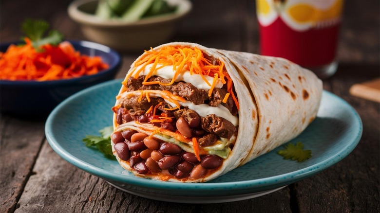 Burrito with beans, cheese, and beef