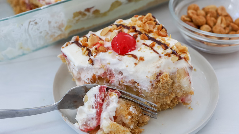 Close-up of no-bake banana split cake