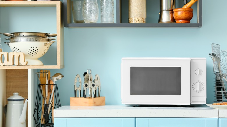 microwave in a blue kitchen