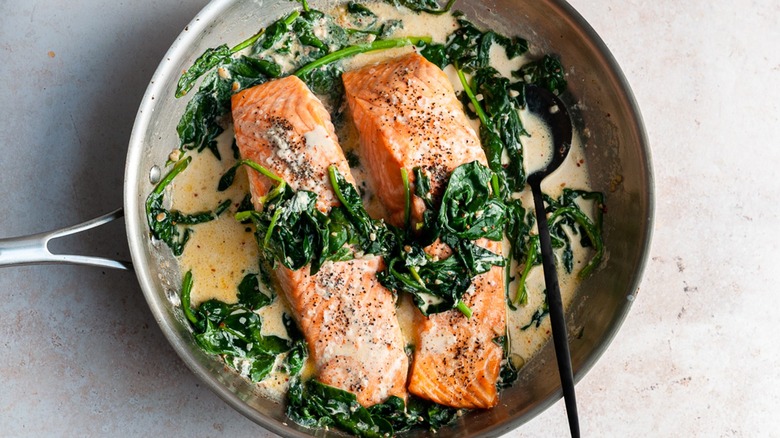 salmon florentine in a saucepan