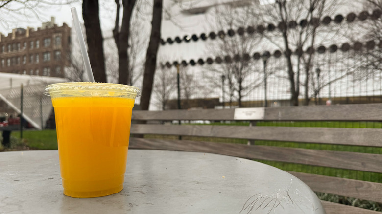 Orange juice in plastic container on a table near a park bench