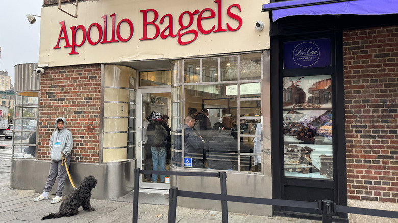 Apollo Bagel West Village storefront with man with dog