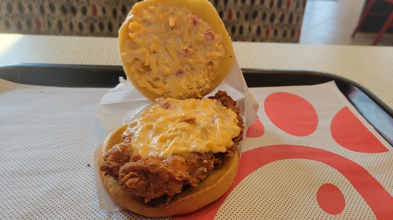 Chick-fil-A Honey Pepper Pimento Chicken Sandwich open bun