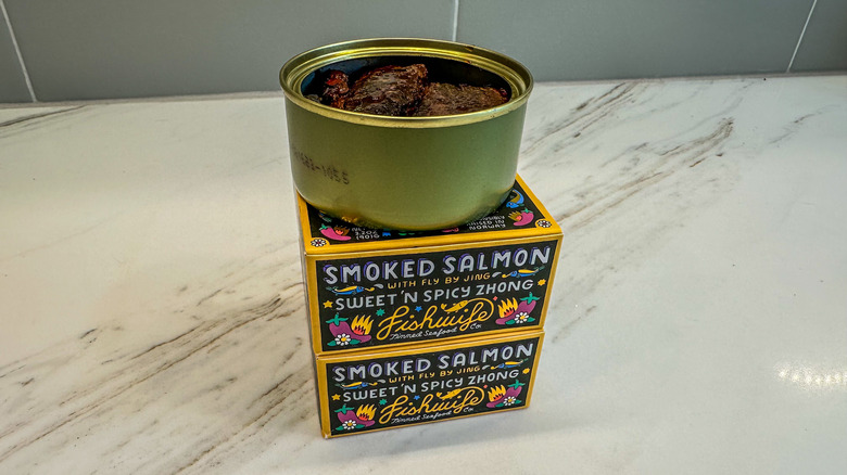 canned smoked salmon on boxes