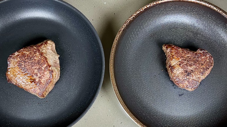 Steak cooked on nonstick and hybrid pans