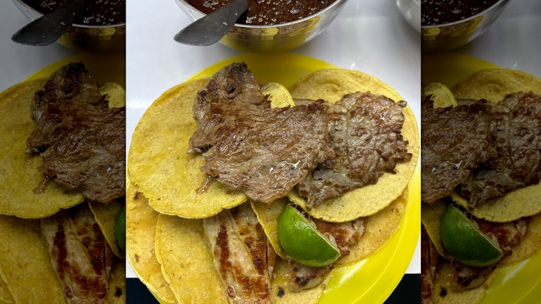 Four tacos piled on a plastic plate