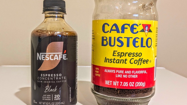 Black Nescafé espresso concentrate next to Café Bustelo jar.