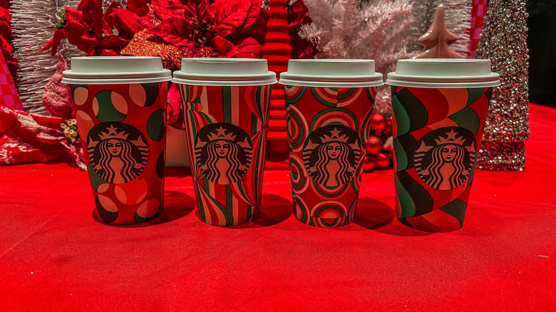 New Starbucks holiday cups lined up