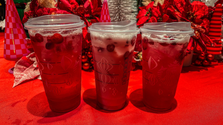 Starbucks Cran-Merry Orange Refreshers with holiday decorations