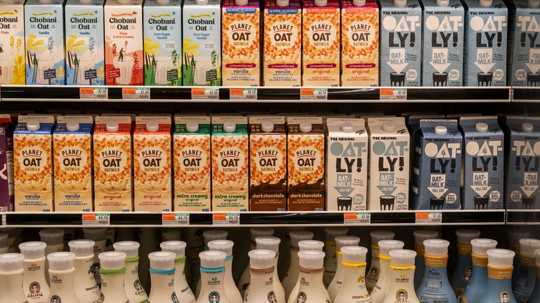 Grocery shelf of oat milk brands