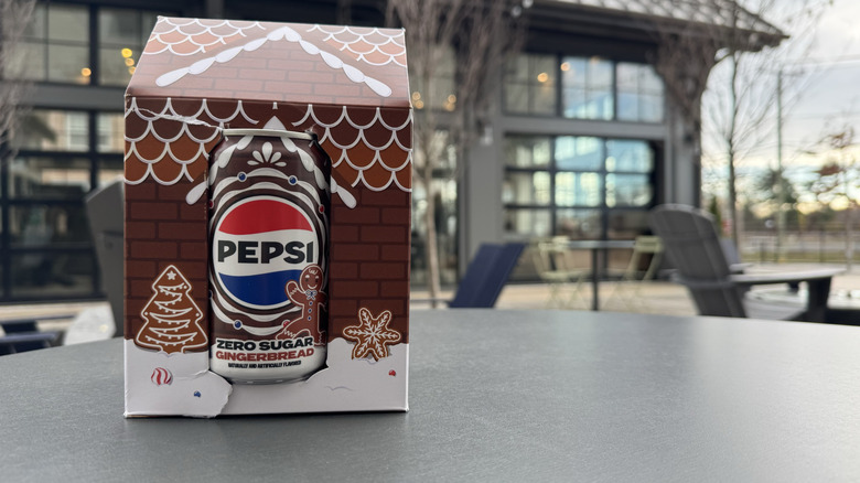 Pepsi Zero Sugar gingerbread holiday box on table outdoors