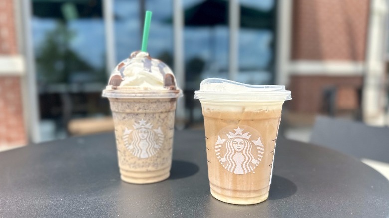 Two Starbucks drinks outside