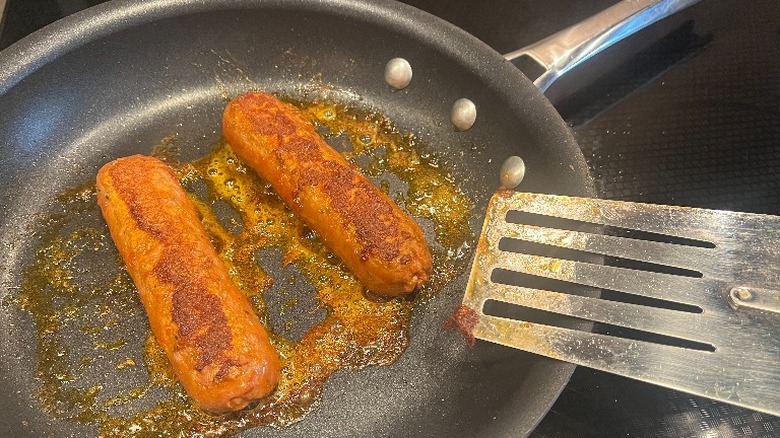 Beyond Hot Italian Style sausage in skillet