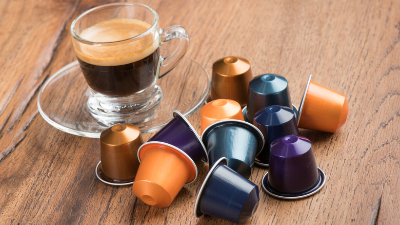 Cup of coffee with coffee pods