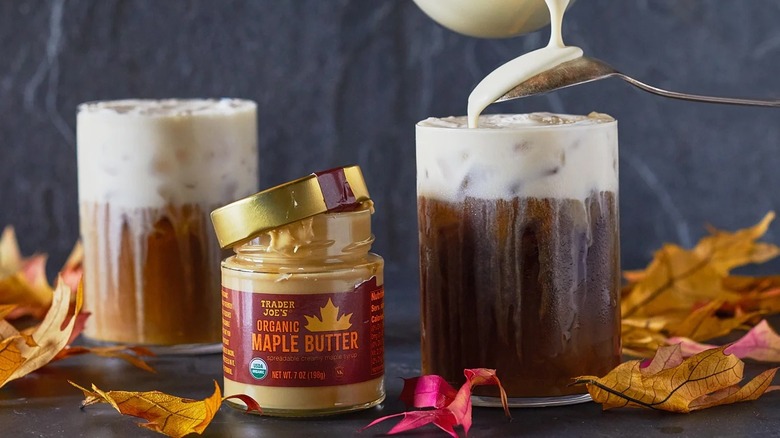 pouring Trader Joe's maple butter into cold brew coffee