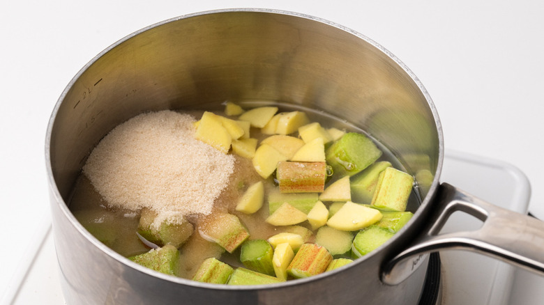 making rhubarb ginger simple syrup