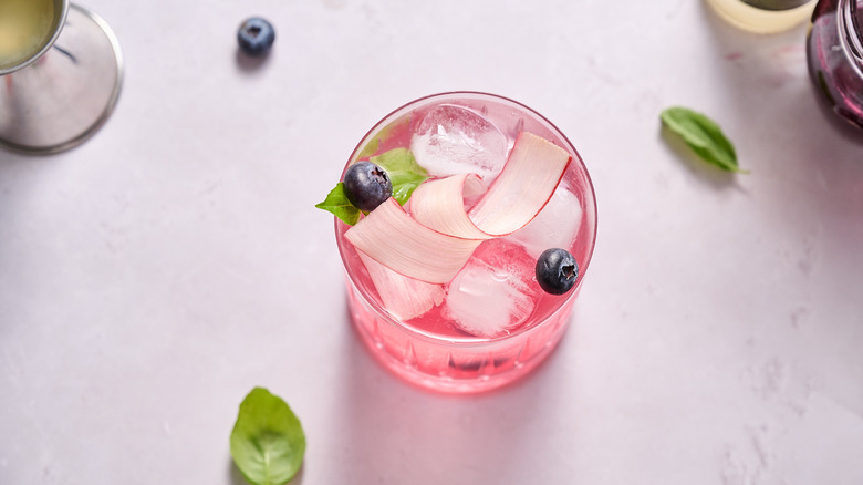 rhubarb blueberry mocktail on table