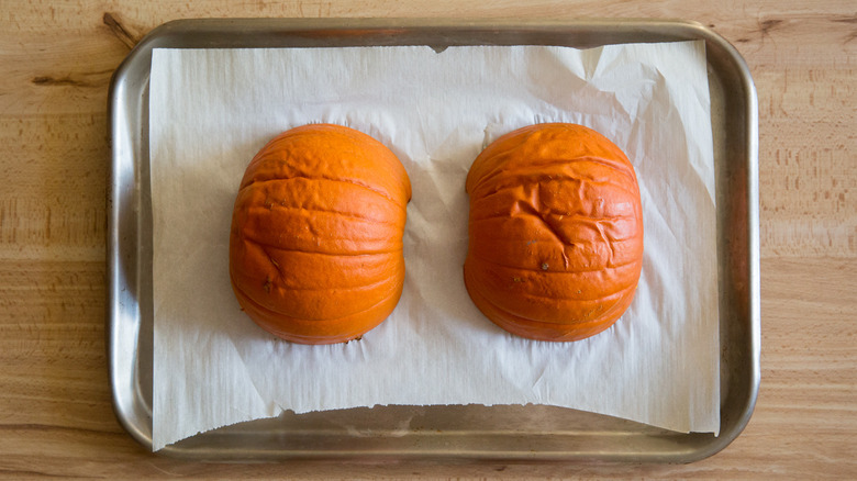 baked pumpkin on baking sheet