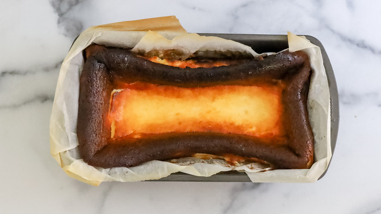 baked Basque cheesecake in a loaf pan