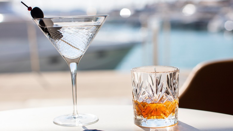 Martini and scotch in glasses