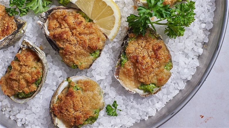 baked oysters on rock salt