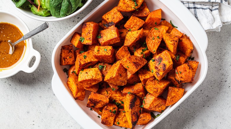 roasted sweet potatoes in a pan