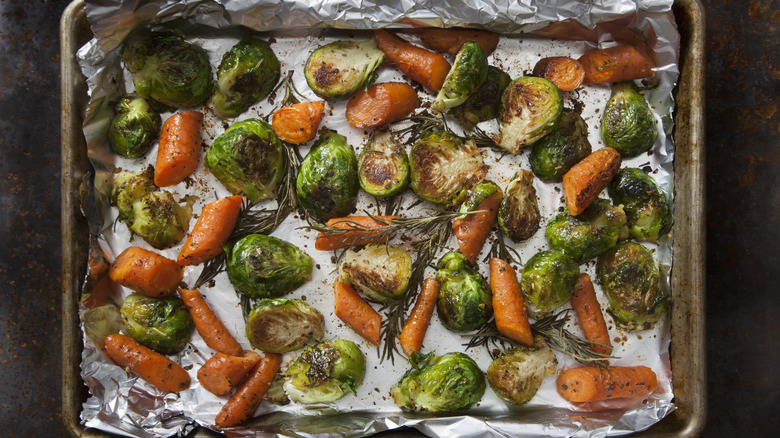 Roasted Brussels sprouts, carrots, and rosemary