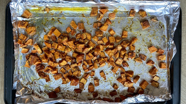 Roasted sweet potatoes on baking sheet