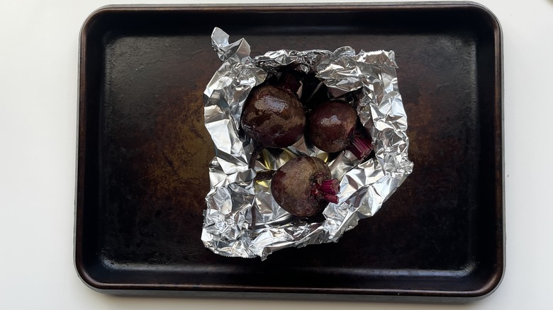 beets in foil on pan