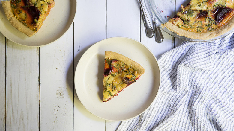 beet quiche served on table