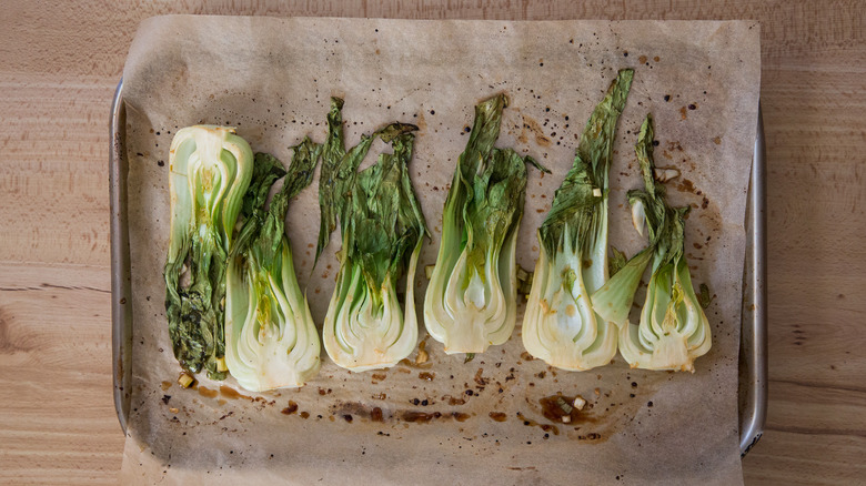 roasted bok choy in pan 