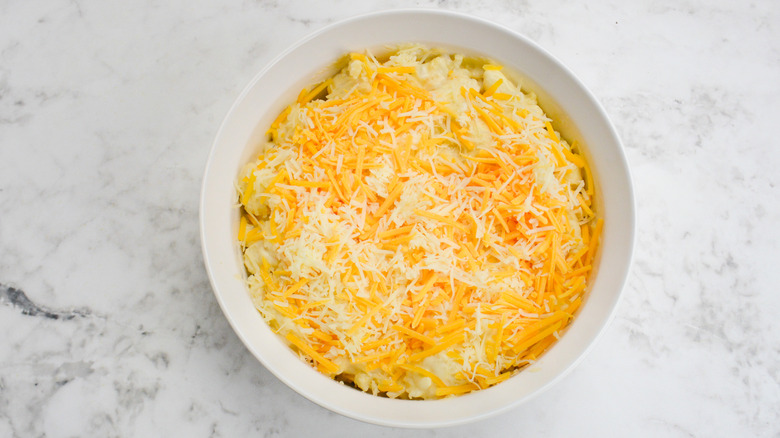 cauliflower mac and cheese in baking dish