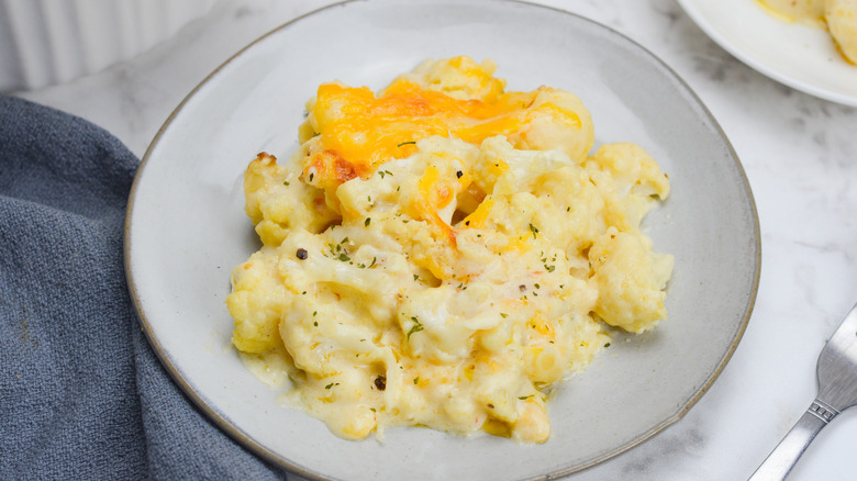 serving of roasted cauliflower mac and cheese